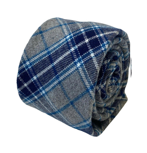 pale light grey & blue check tweed style mens 100% cotton tie