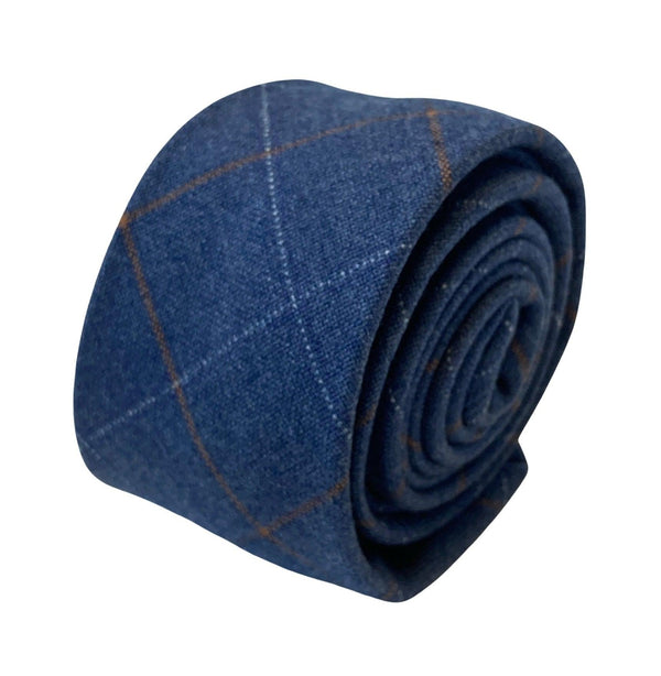 medium denim blue check tweed style mens 100% wool tie