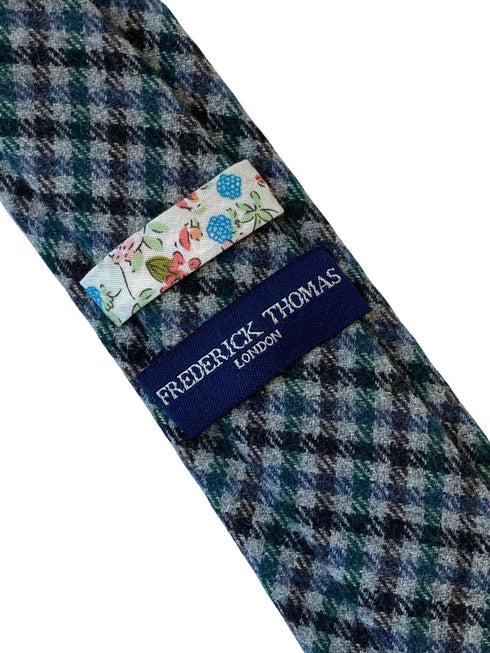 grey, blue, green & brown check tweed style 100% wool mens tie