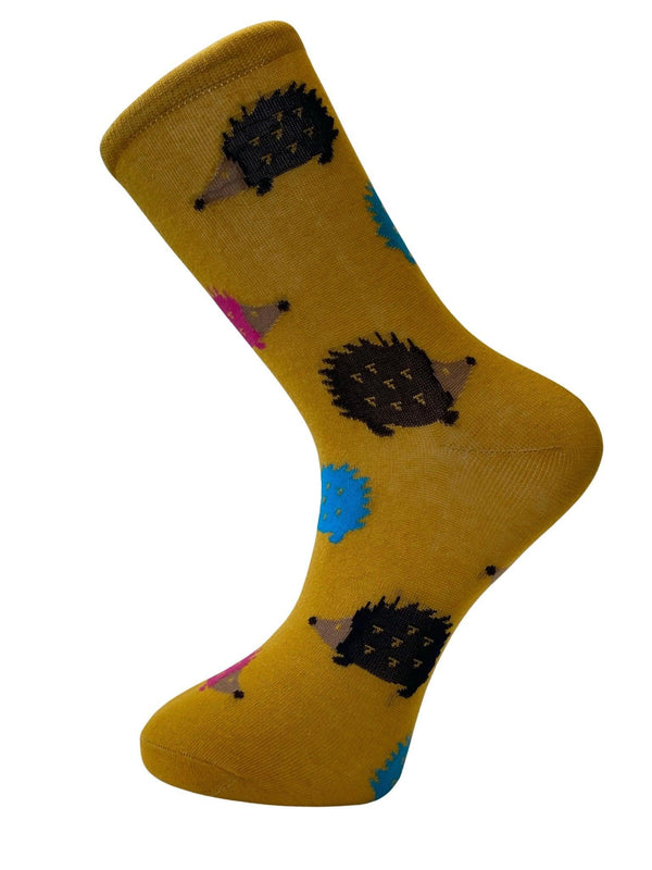 mustard yellow gold socks with hedgehog design