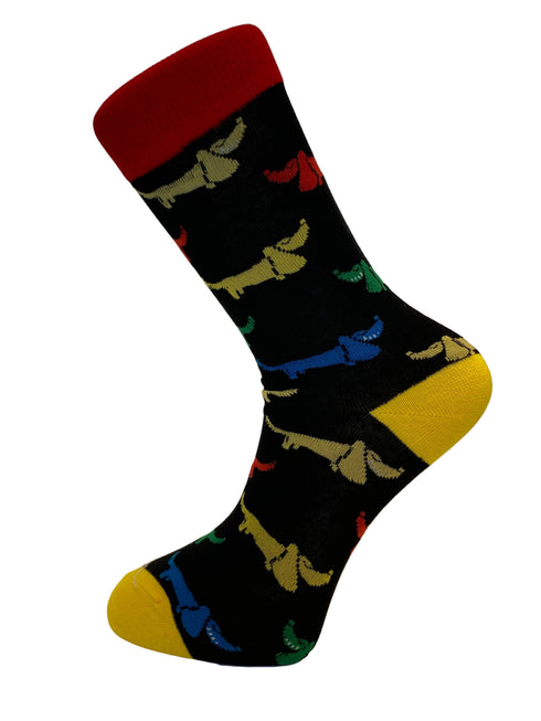 black socks with multicoloured dog design