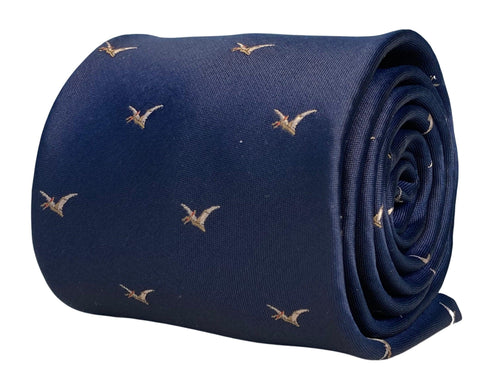 navy mens tie with pterodactyl flying dinosaur quirky design