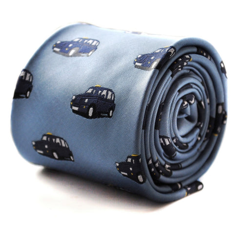 light blue tie with black london taxi cab pattern