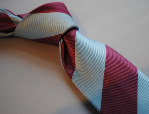 maroon and light blue barber striped tie