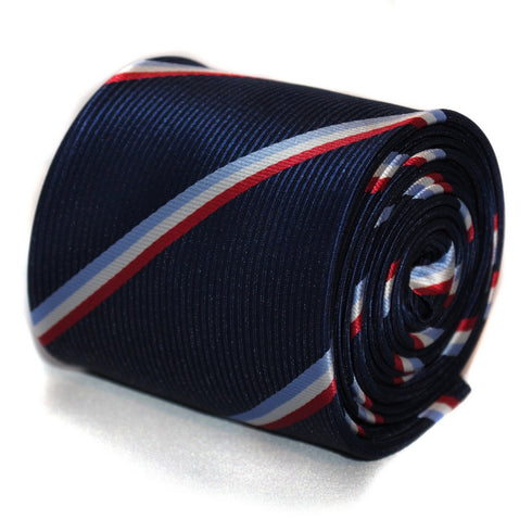 navy, red, white and light blue striped tie