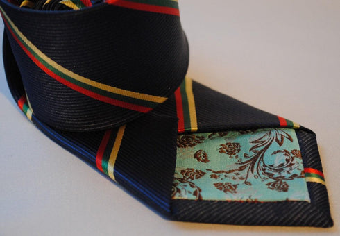 navy with green, yellow and red striped tie