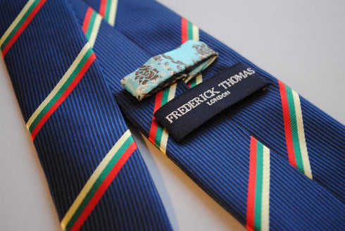 navy with green, yellow and red striped tie