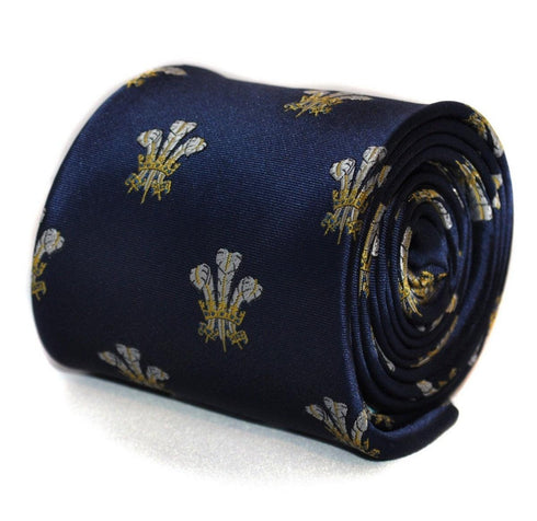 navy blue tie with prince of wales feathers badge print design