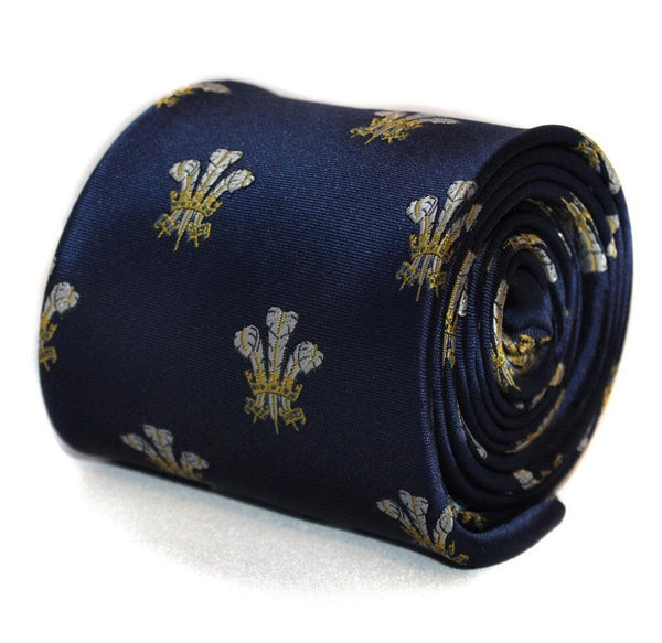 navy blue tie with prince of wales feathers badge print design