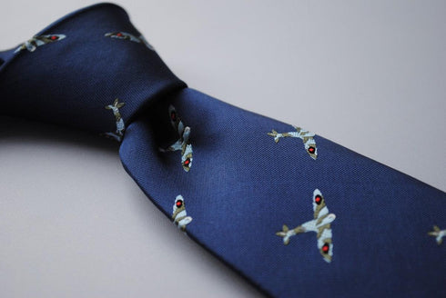 navy tie with spitfire plane pattern