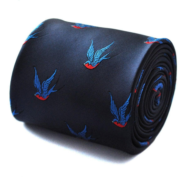 navy tie with swallow bird pattern