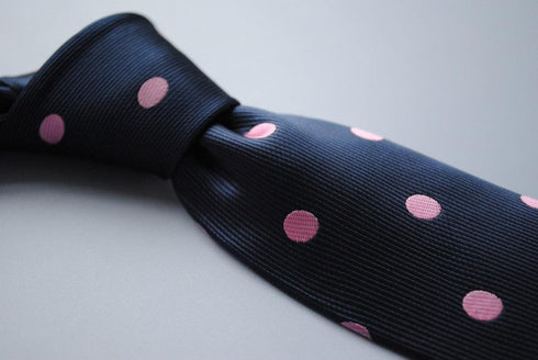 navy blue tie with pink polka dots