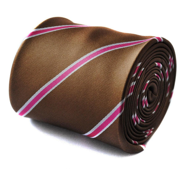 brown, white and pink striped tie