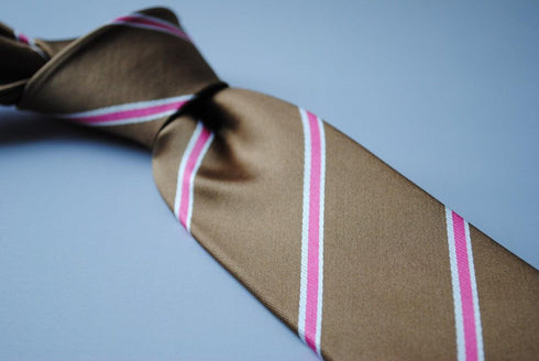 brown, white and pink striped tie