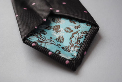 grey tie with pink polka dots