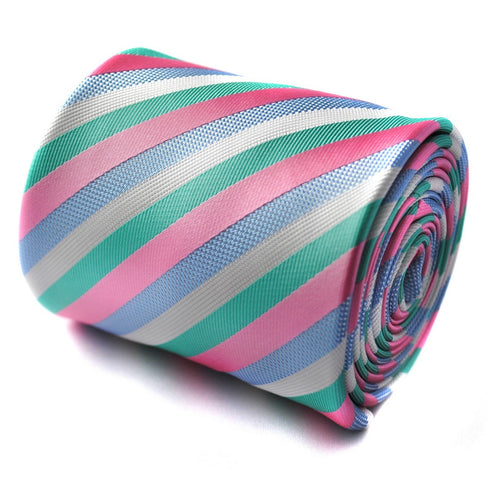 pink, white, blue and green striped tie