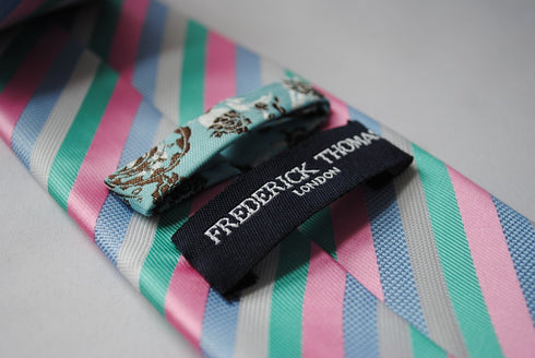 pink, white, blue and green striped tie