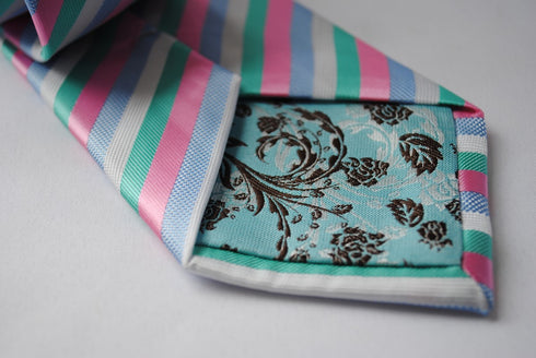 pink, white, blue and green striped tie