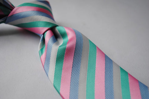 pink, white, blue and green striped tie