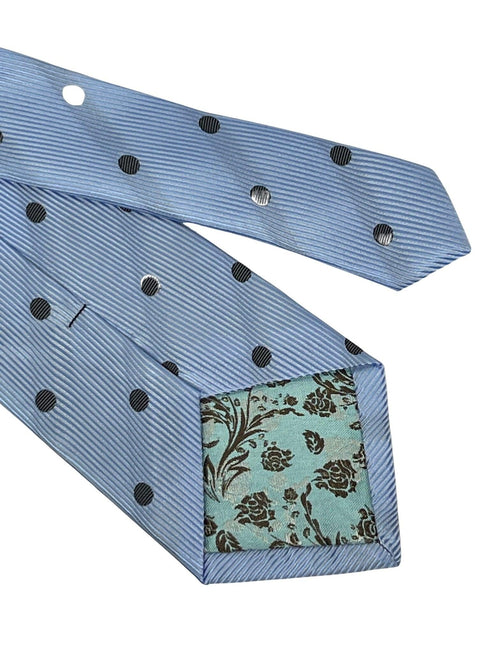 light blue tie with black polka dots