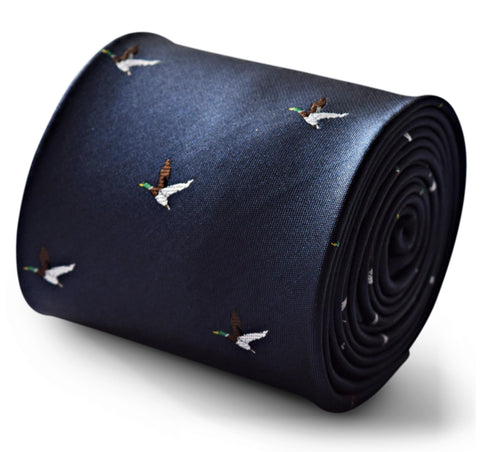 navy tie with flying hunting duck design