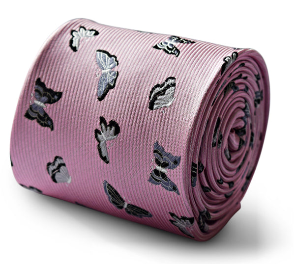 pink mens tie with silver butterfly embroidered design