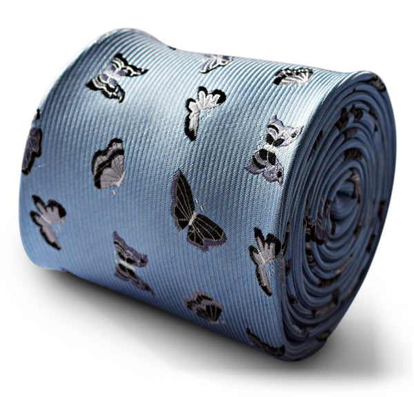 light baby blue mens tie with silver butterfly embroidered design