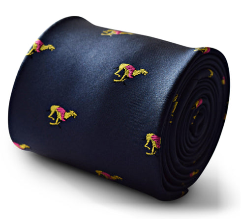 navy blue tie with racing greyhound print design