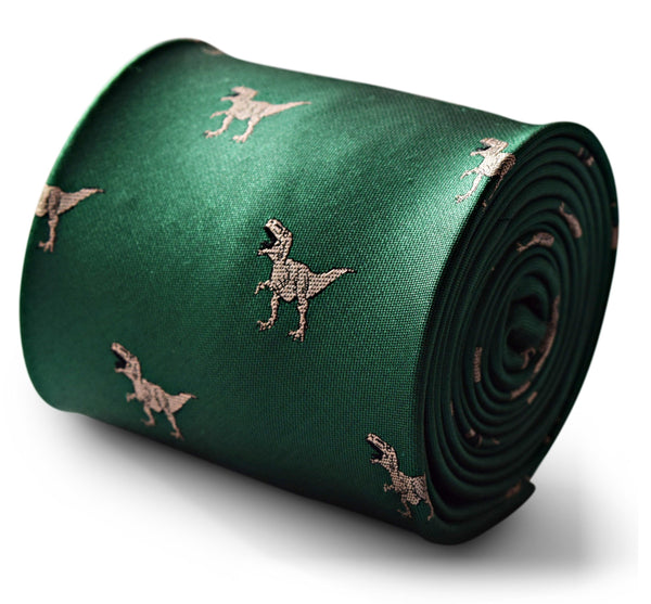 green tie with t-rex dinosaur print design