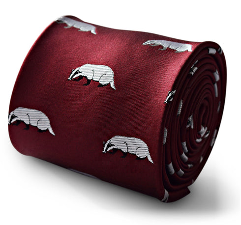 maroon tie with badger design