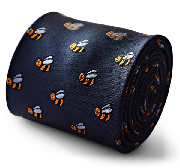 navy blue tie with bumblebee print design