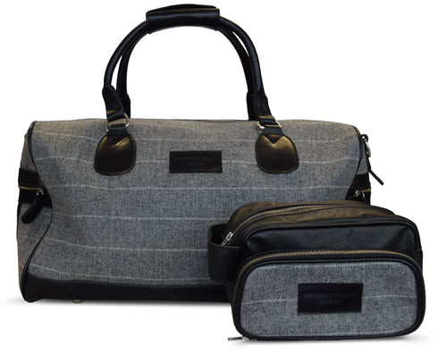 Grey tweed weekend bag with white check and matching wash bag