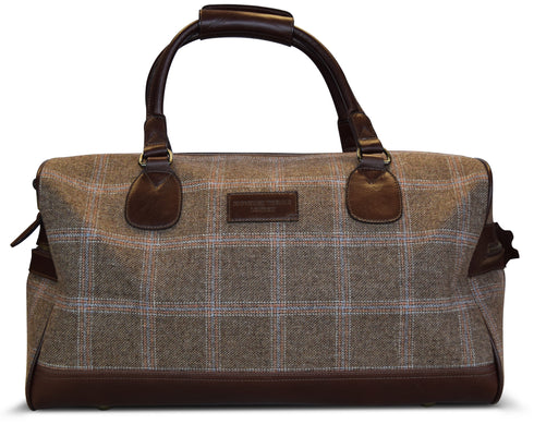 Brown windowpane tweed weekend bag and matching wash bag