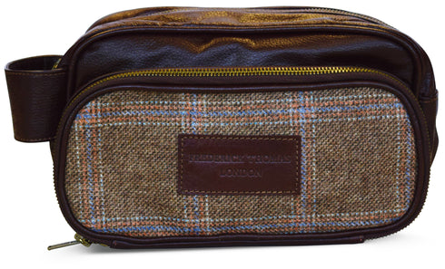 Brown windowpane tweed weekend bag and matching wash bag