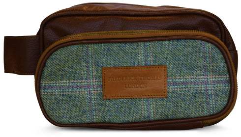 Green windowpane tweed weekend bag and matching wash bag