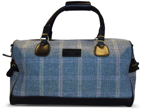 Blue windowpane tweed weekend bag with matching wash bag