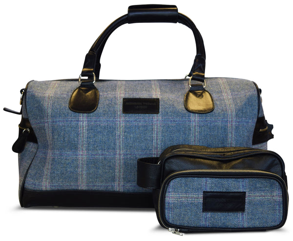 Blue windowpane tweed weekend bag with matching wash bag