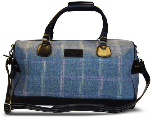 Blue windowpane tweed weekend bag with matching wash bag