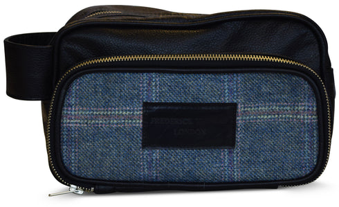 Blue windowpane tweed weekend bag with matching wash bag