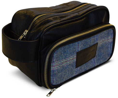 Blue windowpane tweed weekend bag with matching wash bag