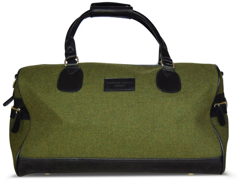 Olive green tweed weekend bag with matching wash bag