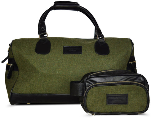 Olive green tweed weekend bag with matching wash bag