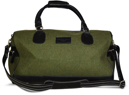 Olive green tweed weekend bag with matching wash bag