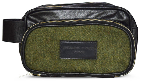 Olive green tweed weekend bag with matching wash bag