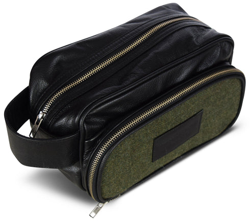 Olive green tweed weekend bag with matching wash bag