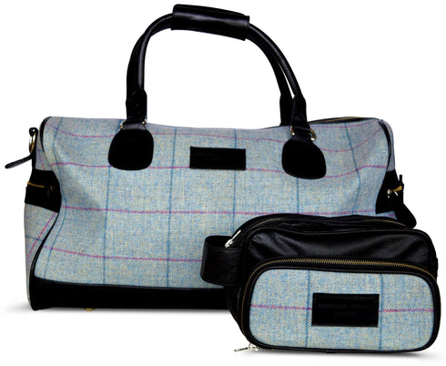 Light blue windowpane tweed weekend bag and matching wash bag