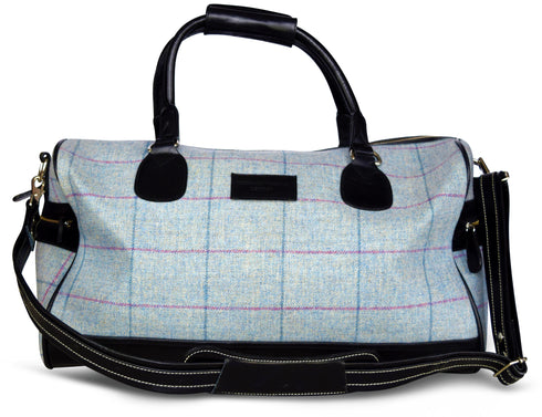 Light blue windowpane tweed weekend bag and matching wash bag