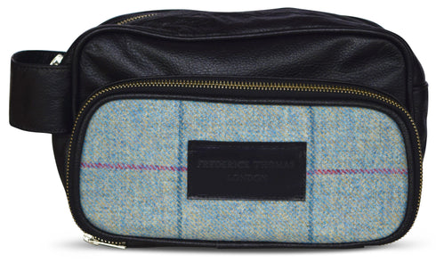 Light blue windowpane tweed weekend bag and matching wash bag