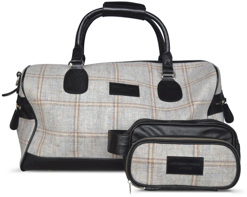 Ivory windowpane tweed weekend bag with matching wash bag