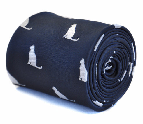 navy blue tie with cat silhouette design